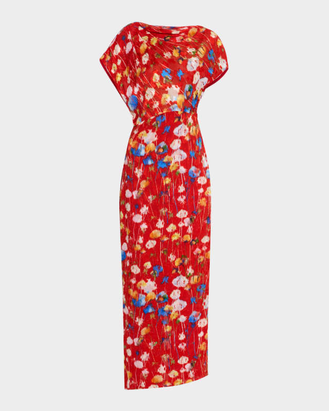 Floral Jacquard Draped-Shoulder Ankle Sheath Dress